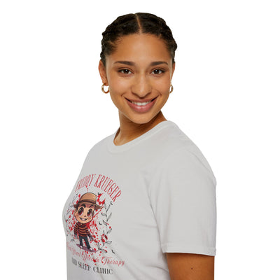 Model wearing Freddy Krueger Halloween tee featuring chibi design and Elm Street Dream Clinic graphics.