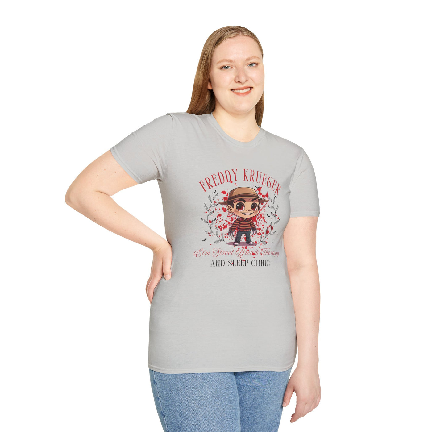 Woman modeling Freddy Krueger Halloween tee featuring chibi design and Elm Street Dream Clinic theme.