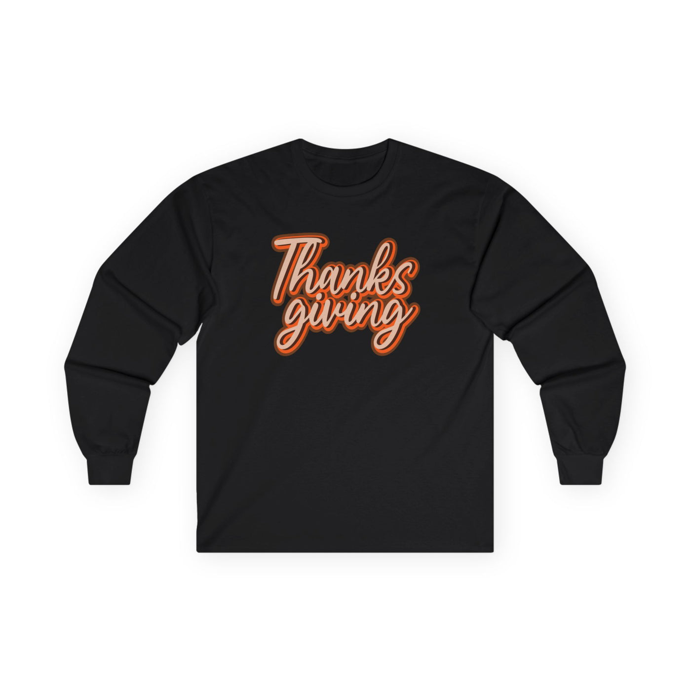 Black long-sleeve shirt with 'Thanks giving' text in orange on a white background