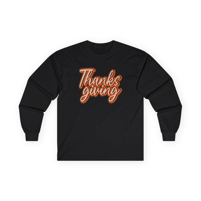 Black long-sleeve shirt with 'Thanks giving' text in orange on a white background