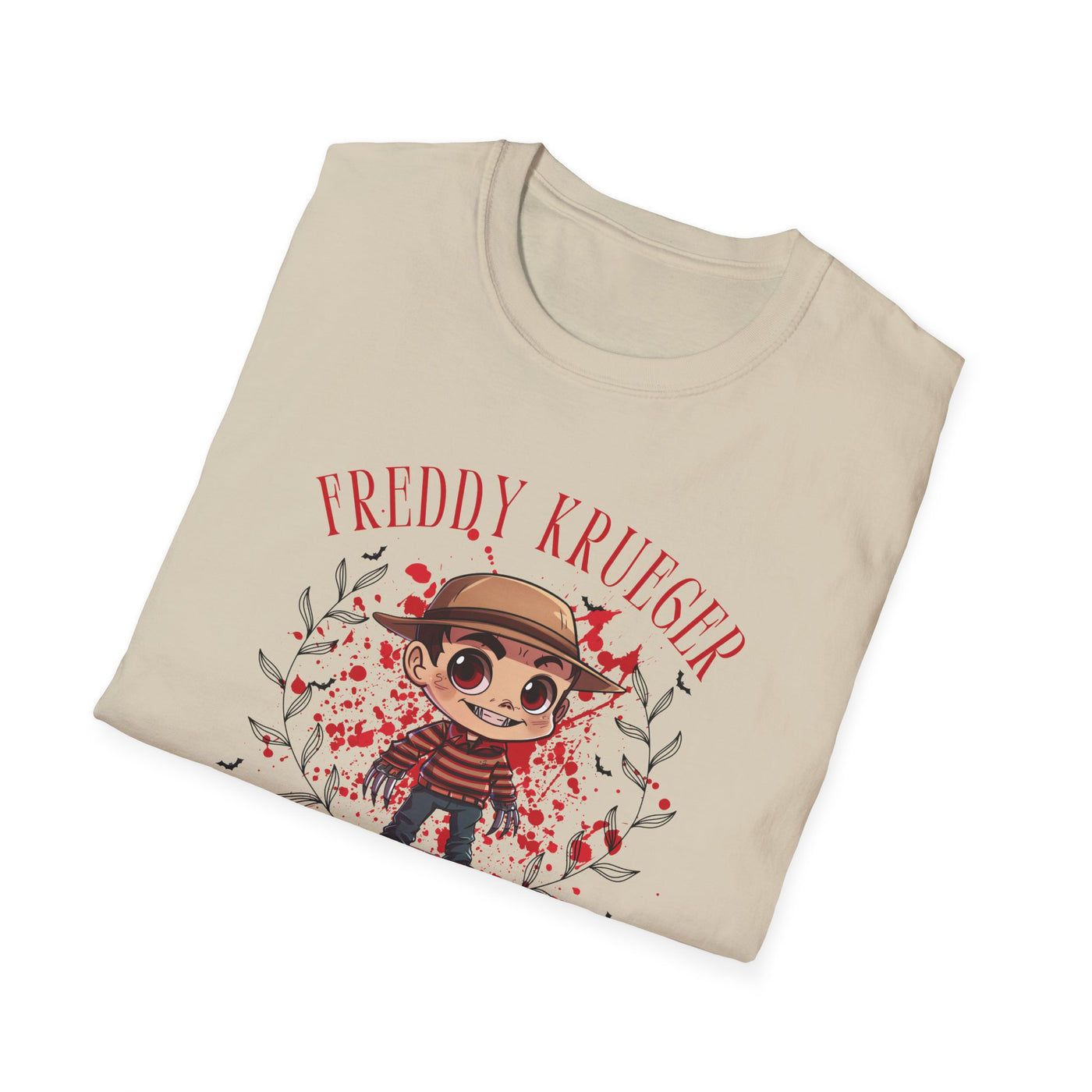 Freddy Krueger Halloween tee featuring chibi design with blood splatter, perfect for spooky fashion lovers.