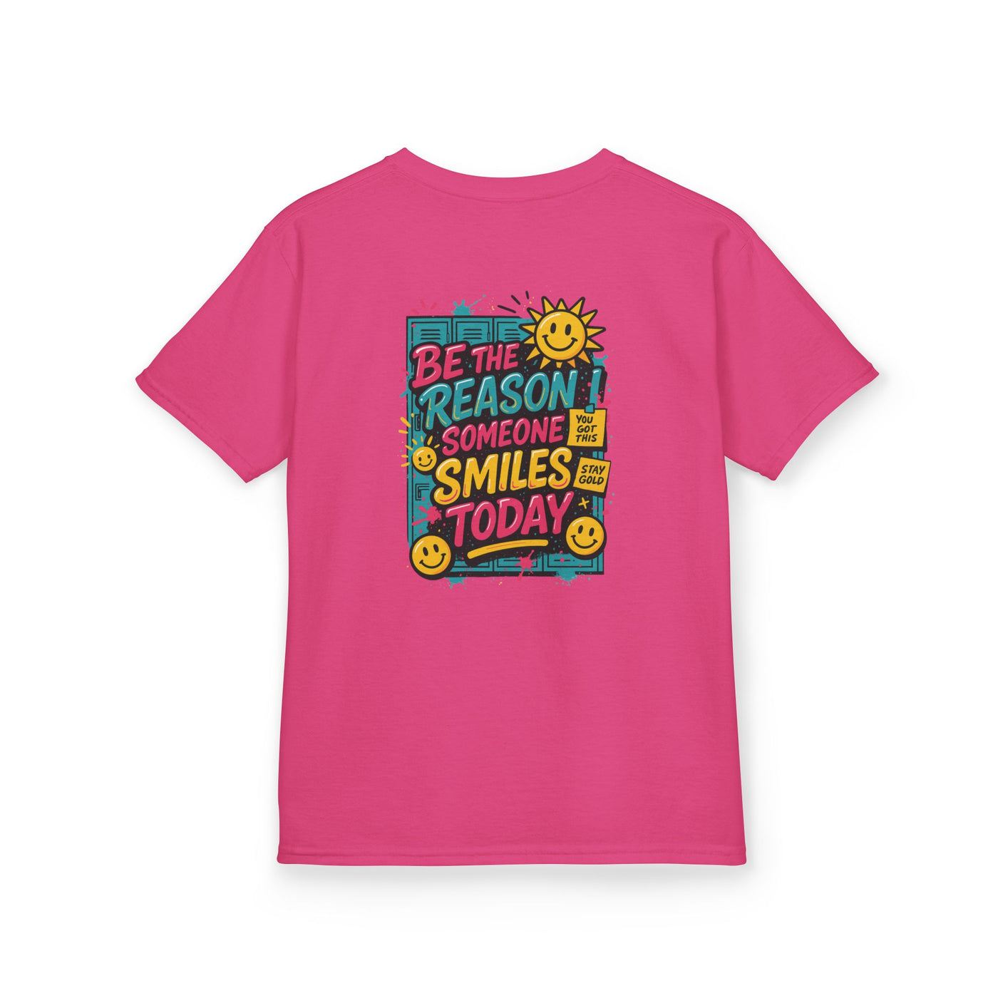 Back view of a pink children's t-shirt with a motivational graphic reading "Be The Reason Someone Smiles Today".