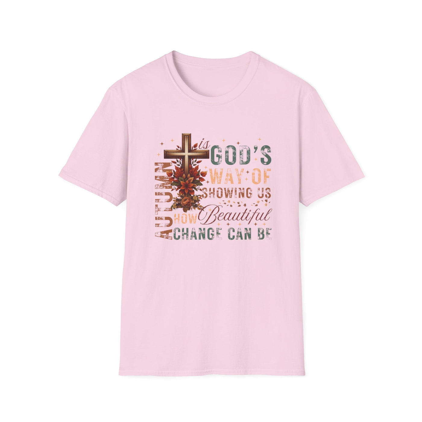 Pink tee featuring the quote 'Autumn Is God's Way of Showing Us How Beautiful Change Can Be' with warm fall tones.