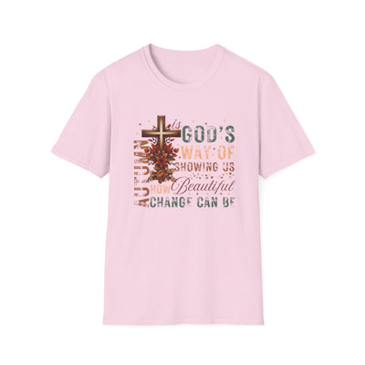 Pink tee featuring the quote 'Autumn Is God's Way of Showing Us How Beautiful Change Can Be' with warm fall tones.