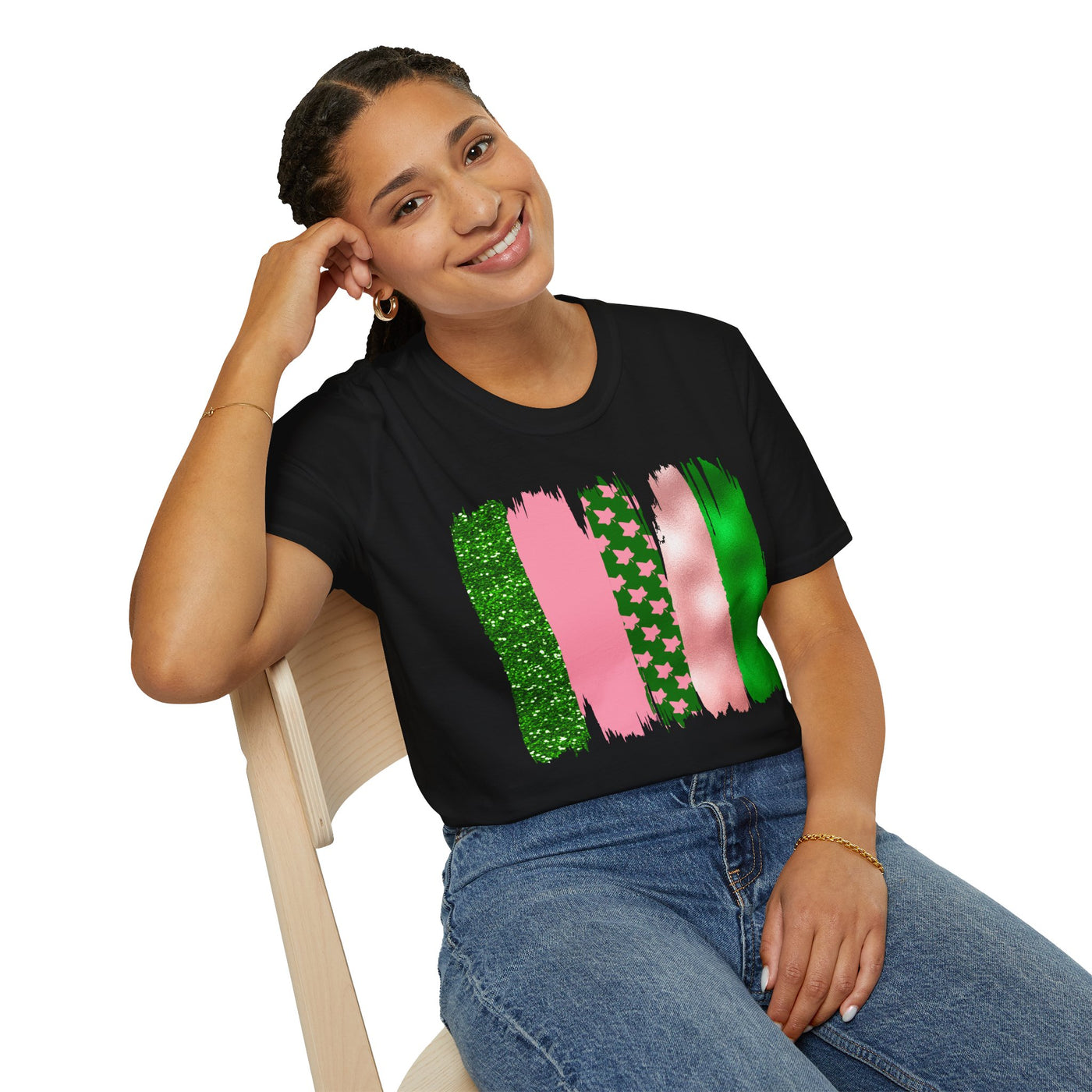 Pink & Green Brushstroke Sorority-Inspired T-Shirt – Glitter, Glam, & Greek Pride