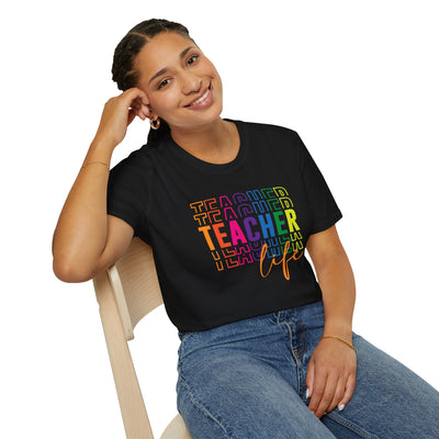 “Teacher Life” Rainbow Tee – Colorful Back-to-School Shirt for Educators 🍎✨