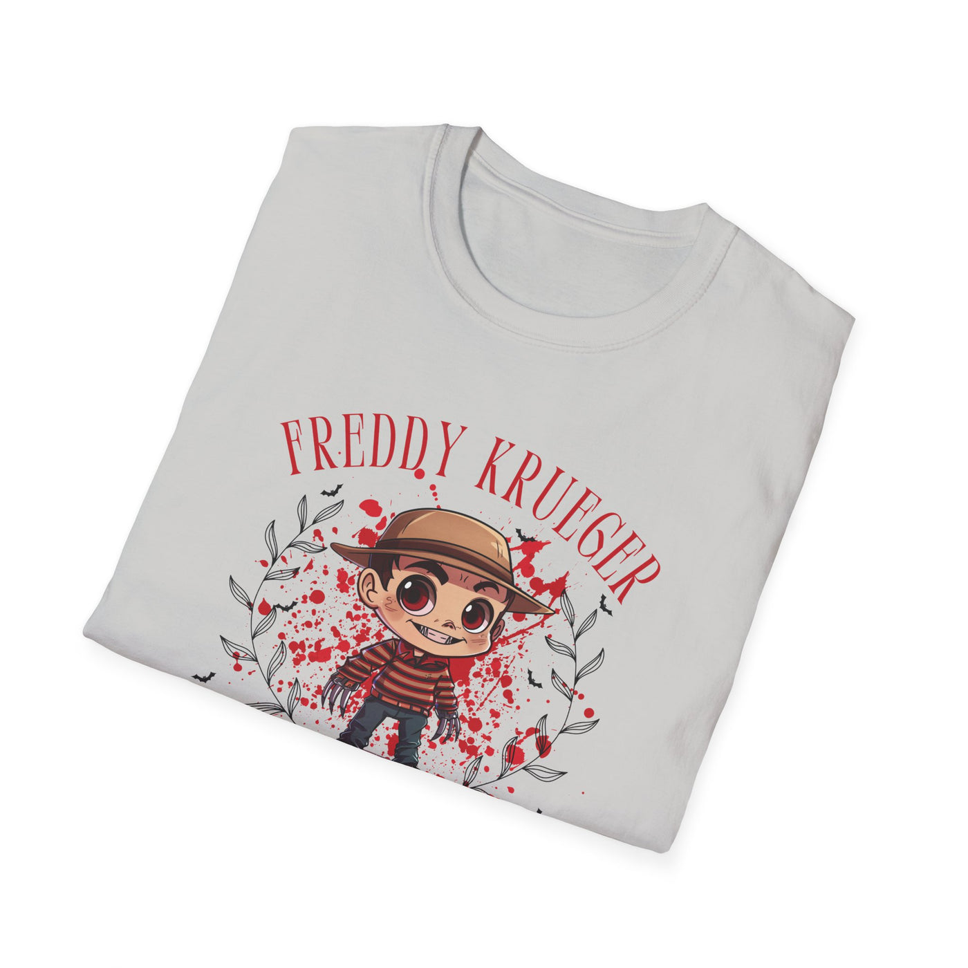 Freddy Krueger chibi Halloween tee featuring bloody design, perfect for spooky gatherings or horror fans.