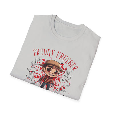 Freddy Krueger chibi Halloween tee featuring bloody design, perfect for spooky gatherings or horror fans.