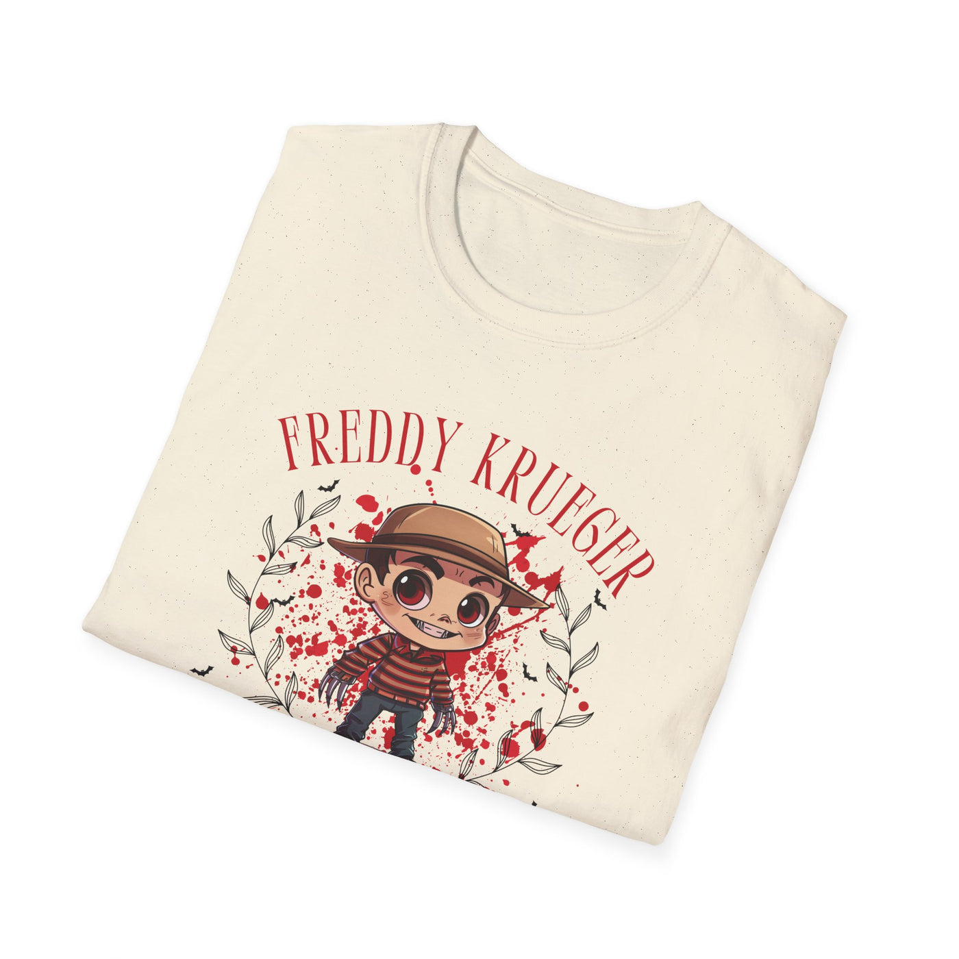 Freddy Krueger chibi Halloween tee folded, featuring graphic and text on cream fabric.
