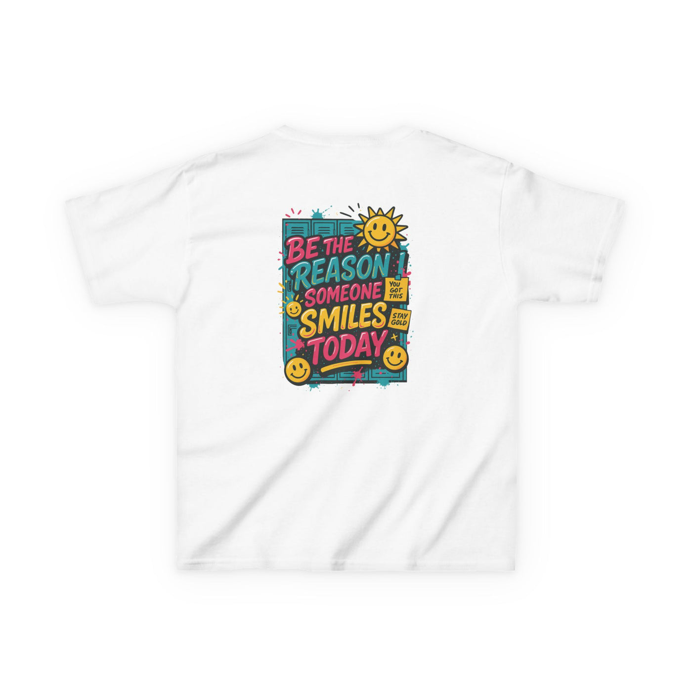 Back view of white kids' t-shirt featuring a colorful 'Be The Reason Someone Smiles Today' graphic with cheerful sun and smiley faces.