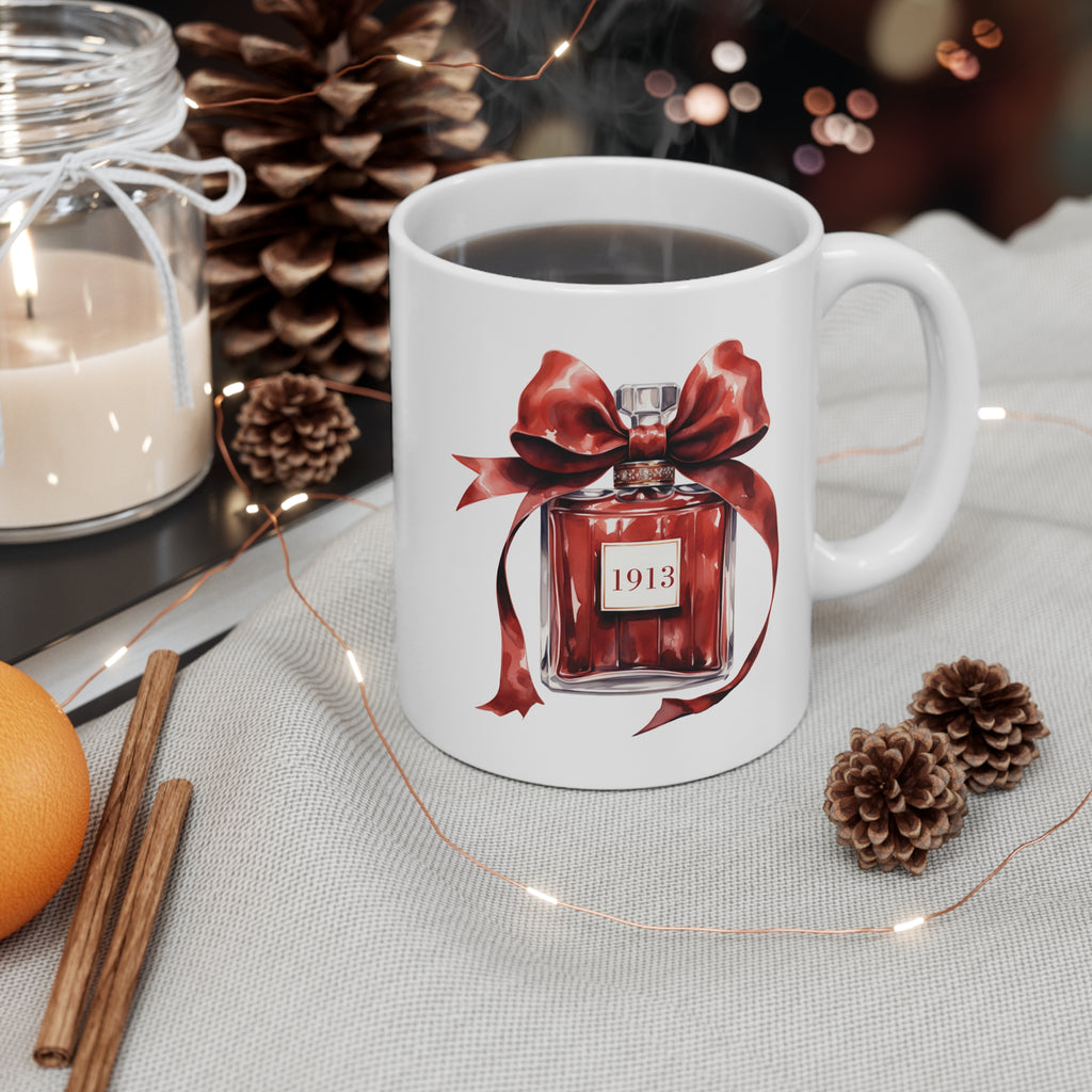 1913 Red Ribbon Ceramic Coffee Cup - Sweet Scent of Sisterhood Mug