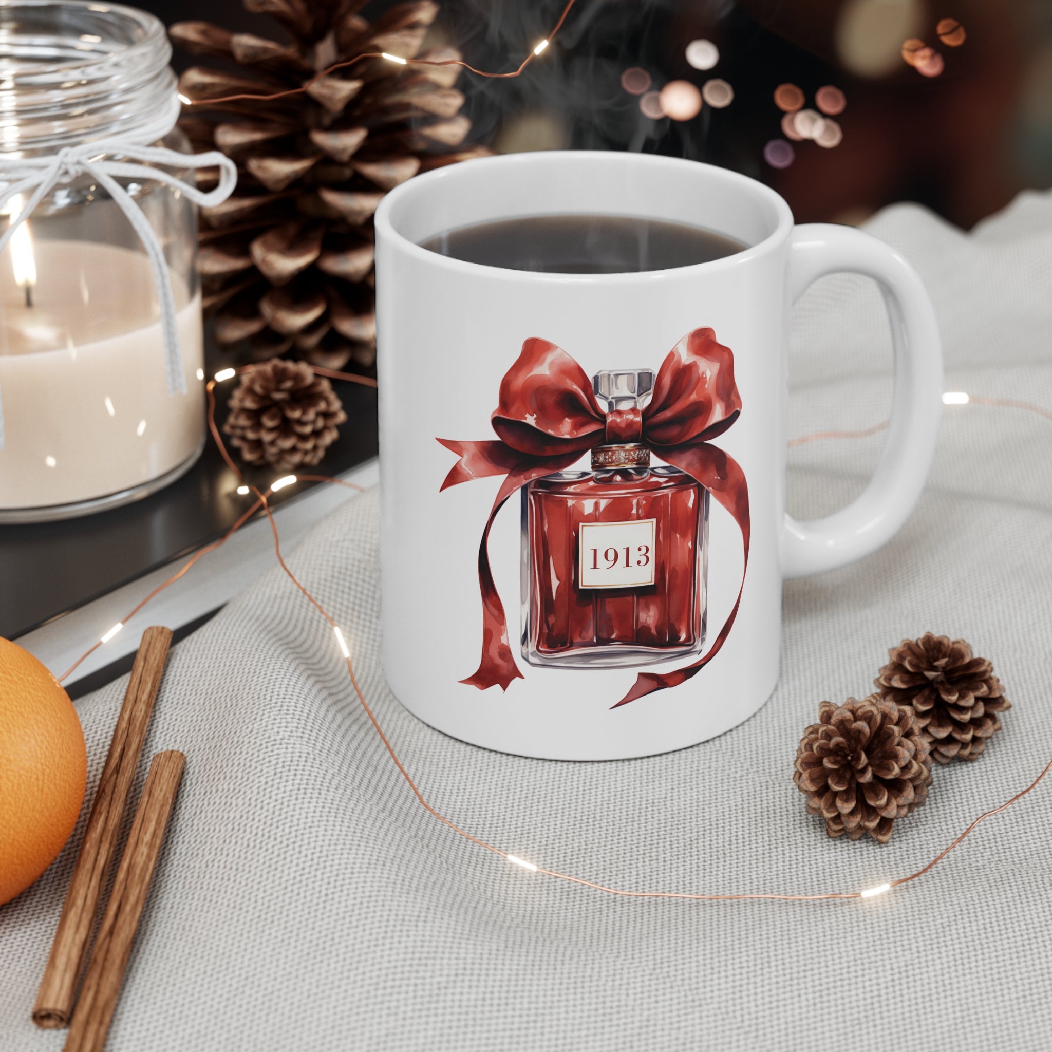 1913 Red Ribbon Ceramic Coffee Cup - Sweet Scent of Sisterhood Mug
