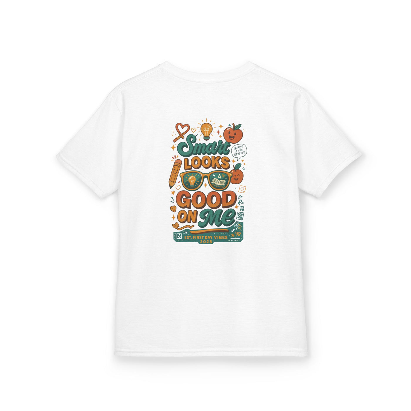 White kids t-shirt with motivational graphic "Smart Looks Good On Me" for back-to-school style and confidence.