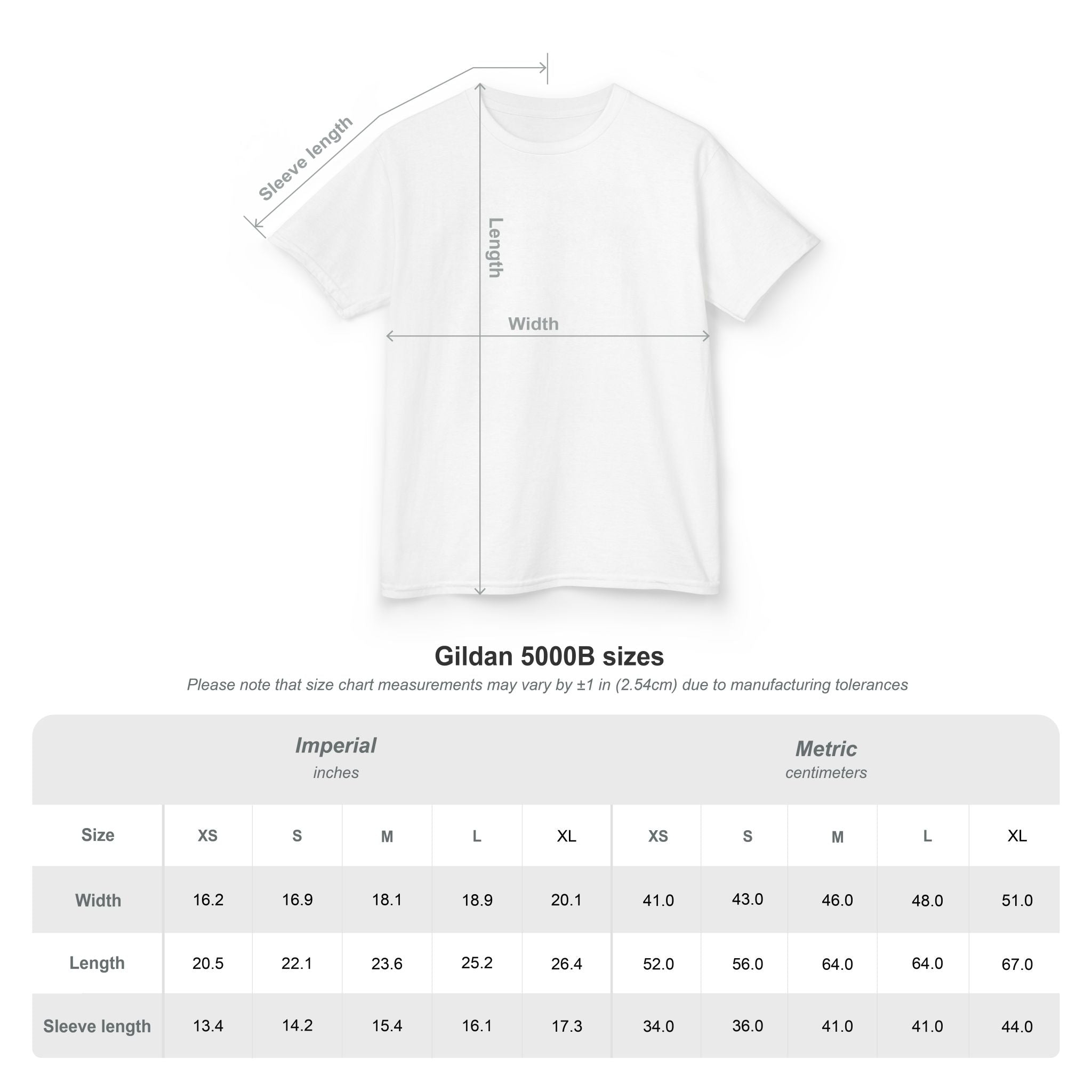 Gildan 5000B kids tee size chart featuring measurements in inches and centimeters for back-to-school apparel.