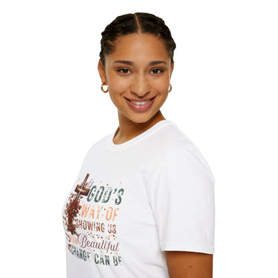 Woman smiling in an Autumn Is God's Way tee featuring fall-inspired design and warm tones.