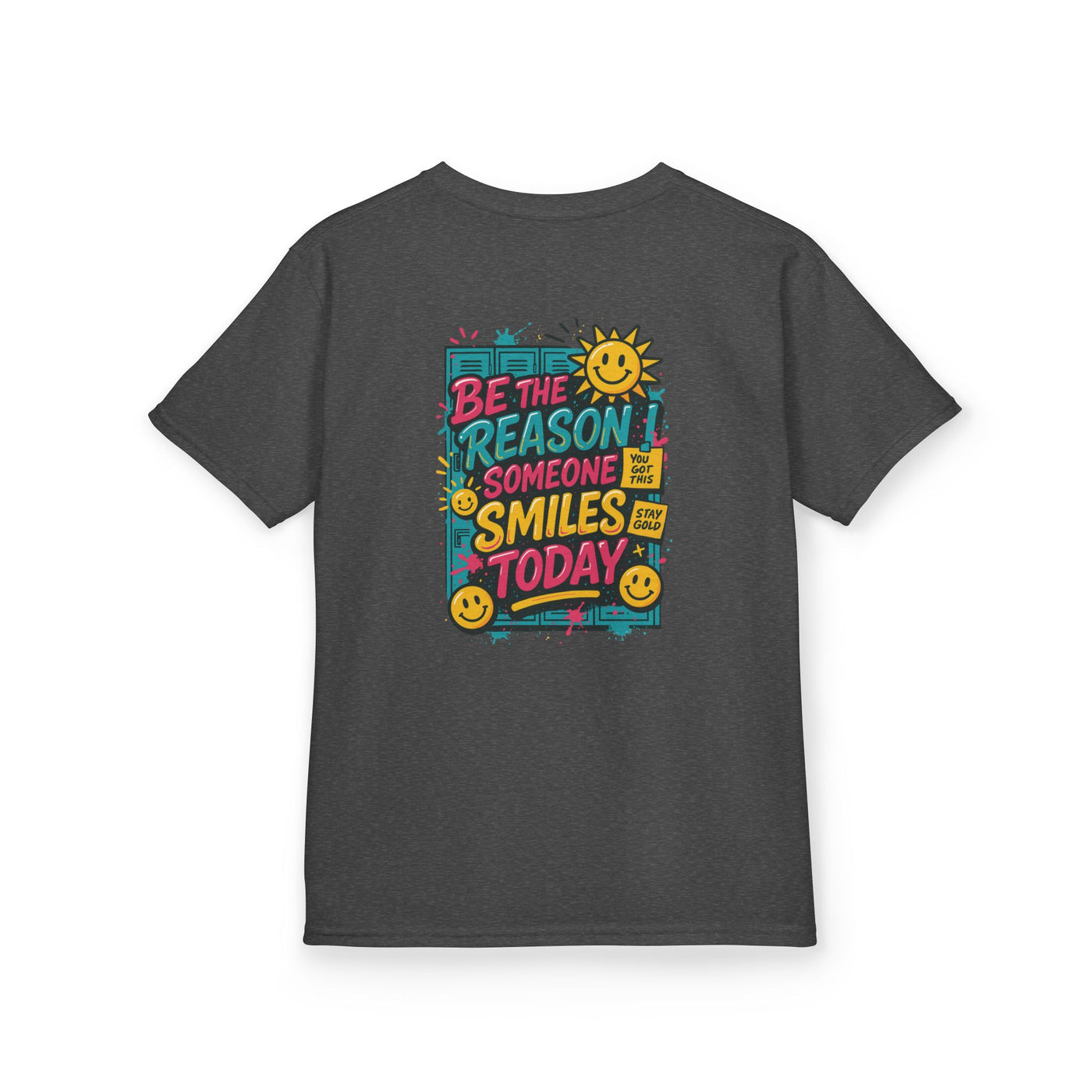 Kids motivational back-to-school tee featuring vibrant design: 'Be The Reason Someone Smiles Today' with sun and smiley graphics.
