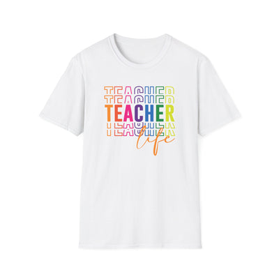 “Teacher Life” Rainbow Tee – Colorful Back-to-School Shirt for Educators 🍎✨
