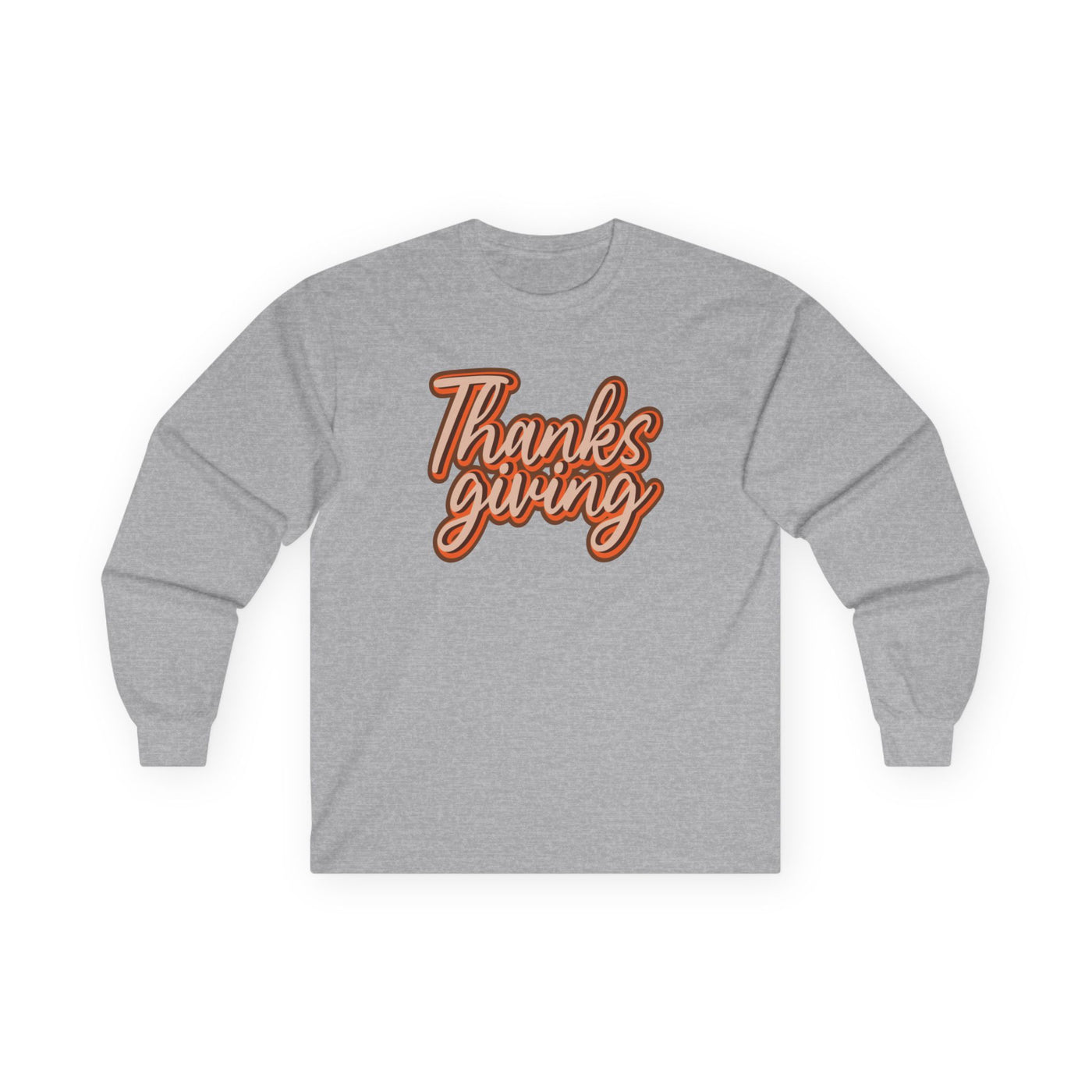 Gray long-sleeve shirt with 'Thanks giving' text on a white background