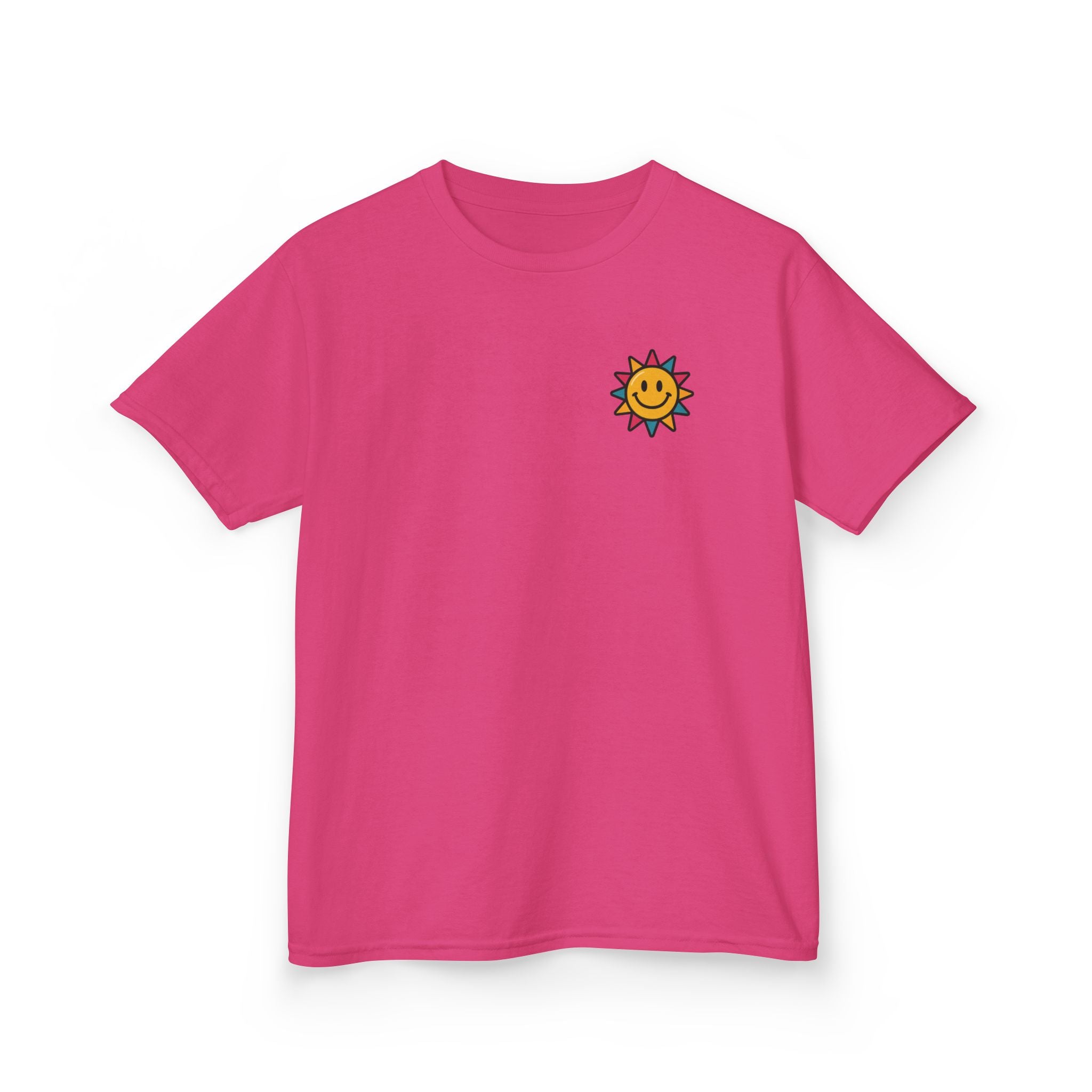 Bright pink kids t-shirt featuring a cheerful sun graphic for motivation and positivity.