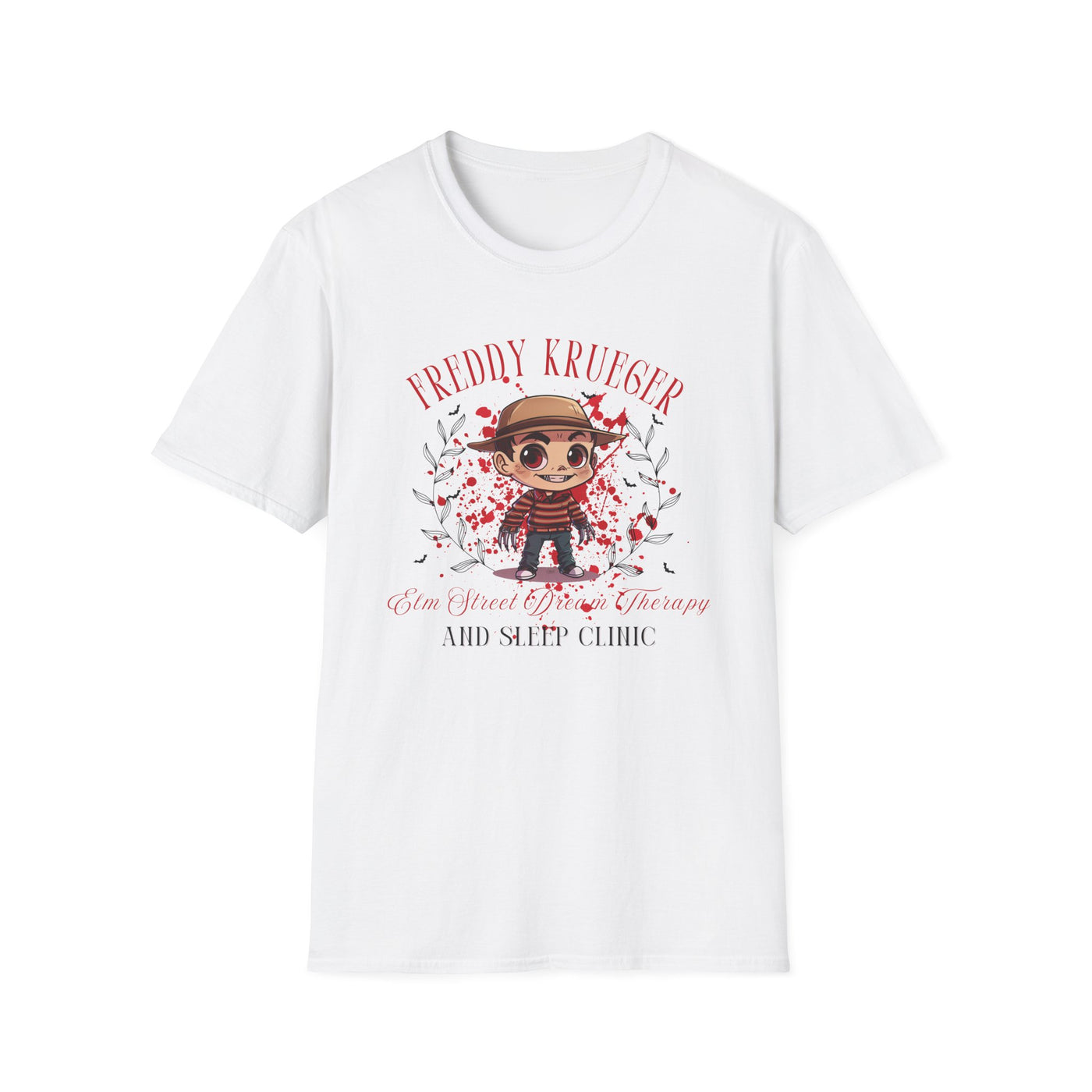 Freddy Krueger Halloween tee featuring chibi design and Elm Street Dream Therapy text, perfect for horror fans.
