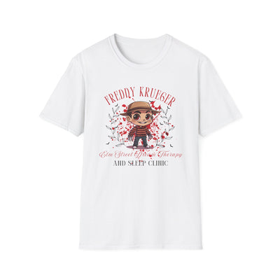 Freddy Krueger Halloween tee featuring chibi design and Elm Street Dream Therapy text, perfect for horror fans.
