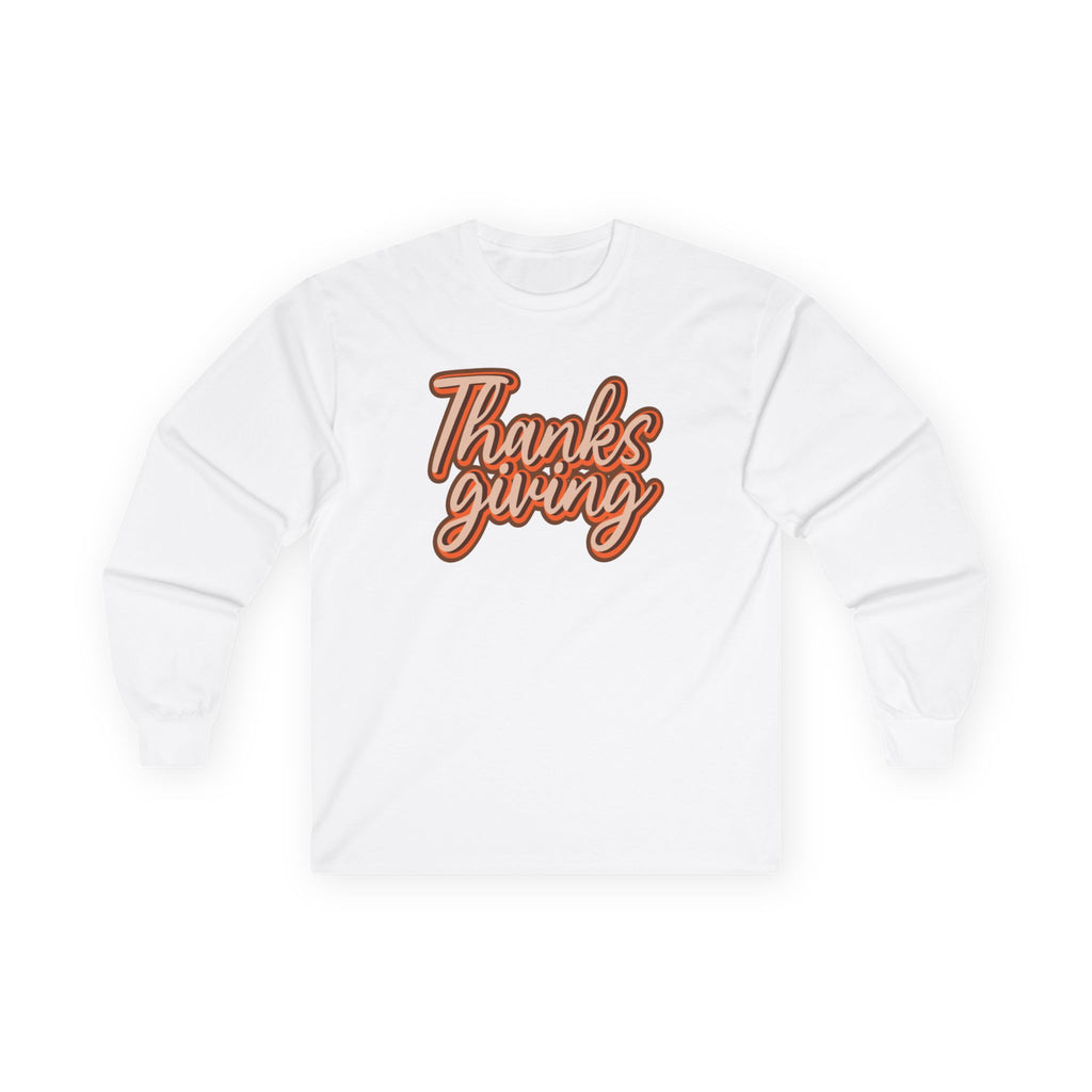 White sweatshirt with 'Thanks giving' text on a white background