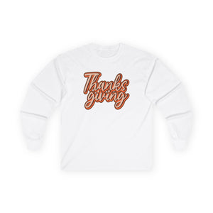 White sweatshirt with 'Thanks giving' text on a white background