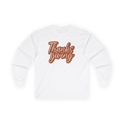 White sweatshirt with 'Thanks giving' text on a white background