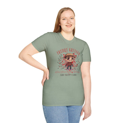 Woman wearing Freddy Krueger Halloween tee, featuring chibi design for Elm Street Dream Clinic.