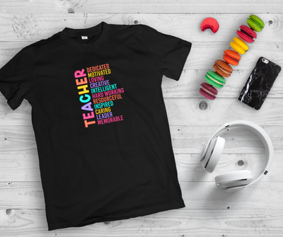 “TEACHER” Word Art Tee – Bold, Bright, and Built for Educators Who Inspire
