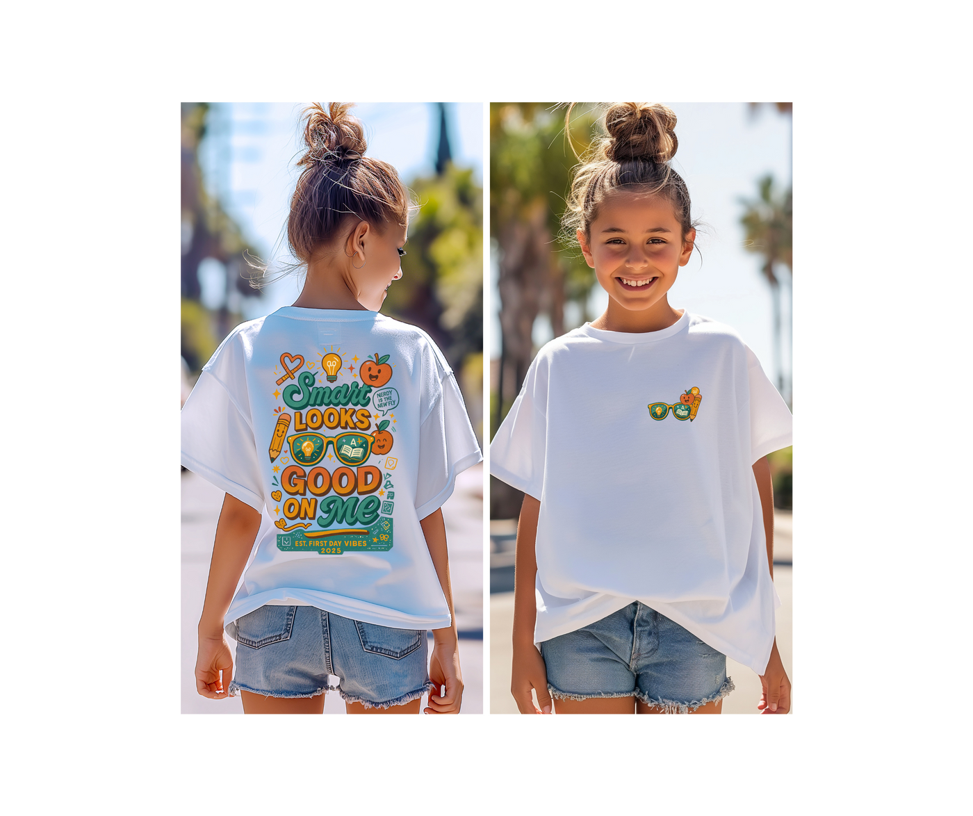 Girl wearing Smart Looks Good On Me back-to-school tee with motivational design, shown from the back and front in sunlight.