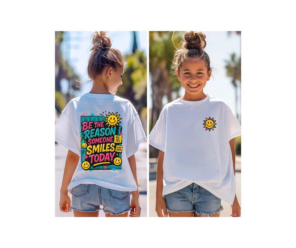 Kids motivational back-to-school tee featuring colorful sun graphic, inspiring kindness and smiles, perfect for school days.
