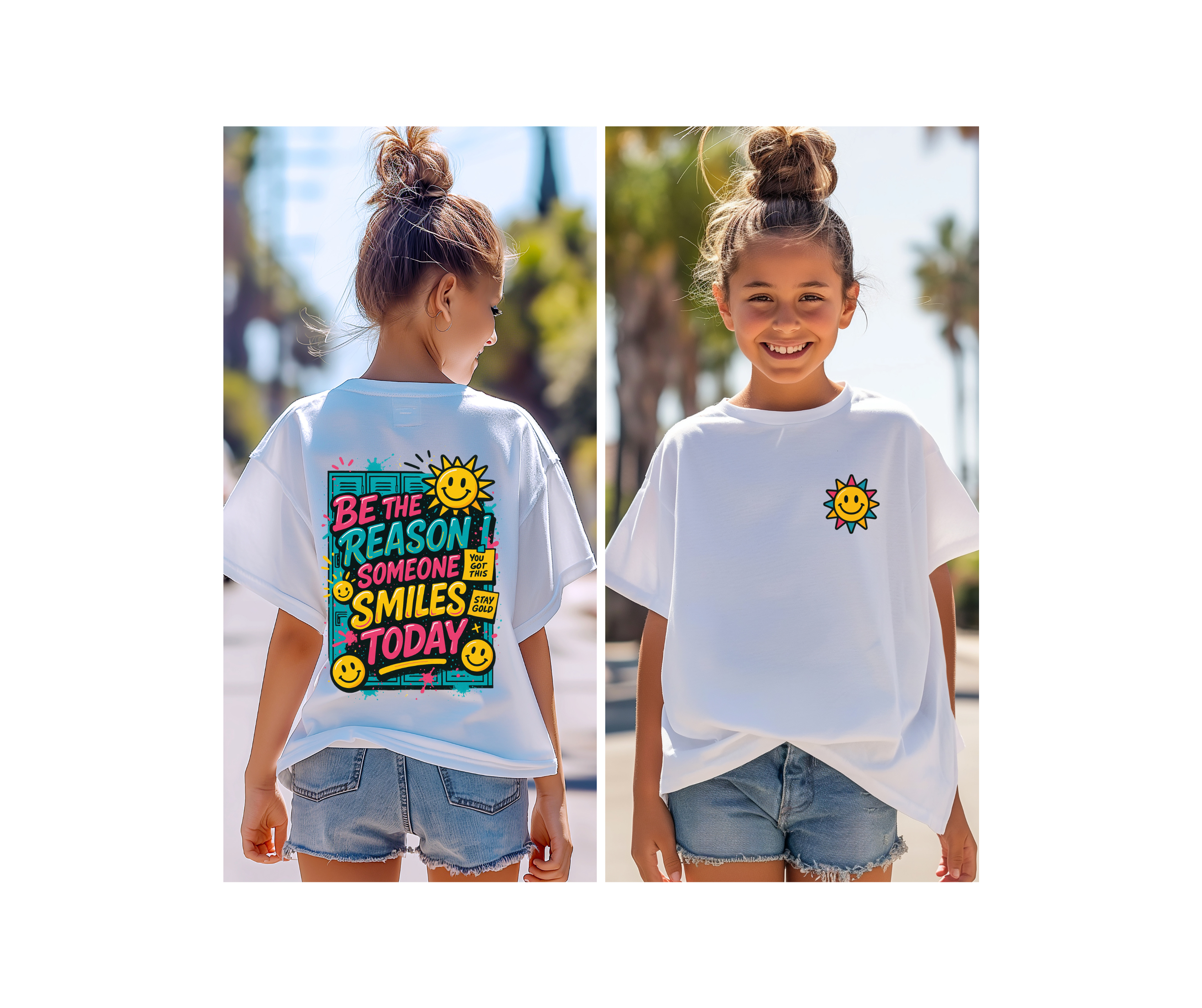 Kids motivational back-to-school tee featuring colorful sun graphic, inspiring kindness and smiles, perfect for school days.