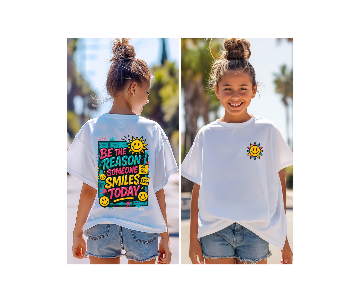 Kids motivational back-to-school tee featuring colorful sun graphic, inspiring kindness and smiles, perfect for school days.
