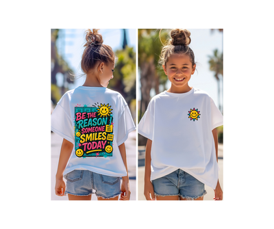 Kids motivational back-to-school tee featuring colorful sun graphic, inspiring kindness and smiles, perfect for school days.
