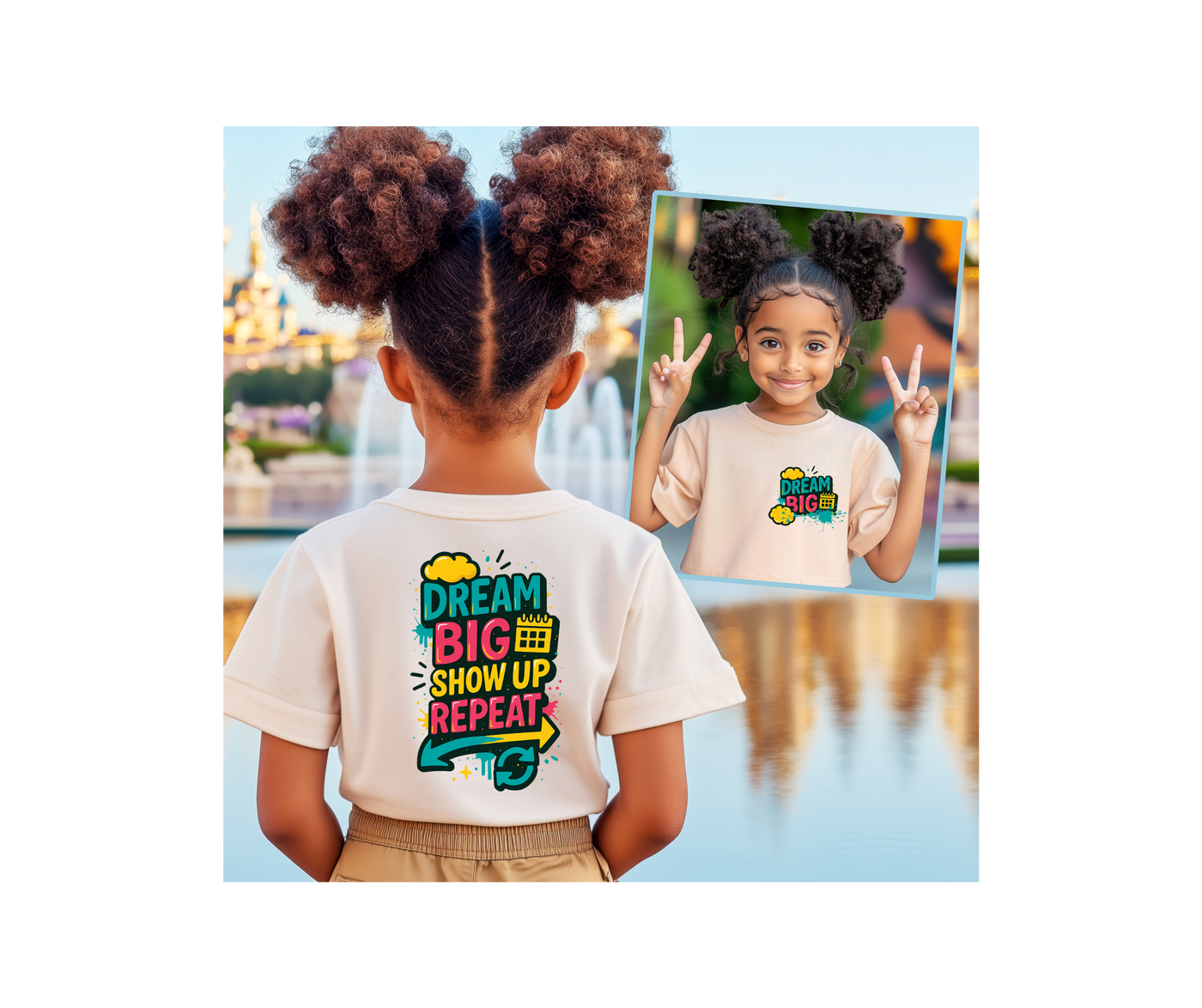 Child wearing 'Dream Big. Show Up. Repeat.' motivational kids tee, showcasing vibrant colors and empowering message.