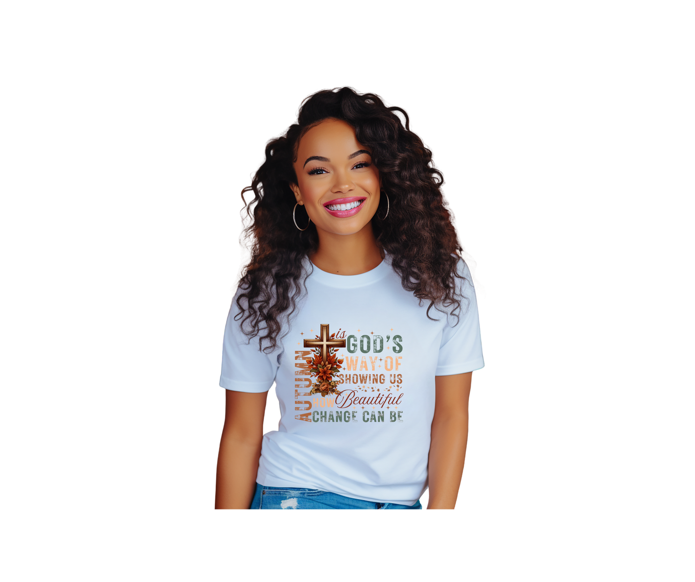 Fall-inspired tee featuring a faith-based message about change, perfect for autumn outings.