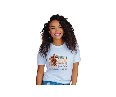 Fall-inspired tee featuring a faith-based message about change, perfect for autumn outings.