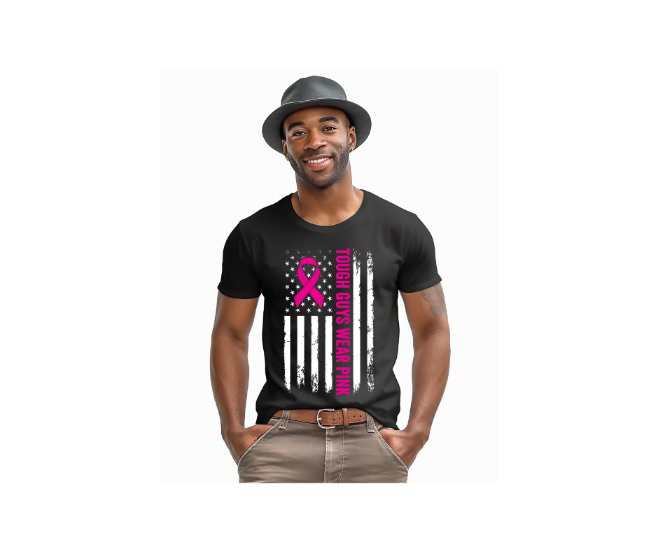 Tough Guys Wear Pink – Men’s Breast Cancer Awareness American Flag T-Shirt
