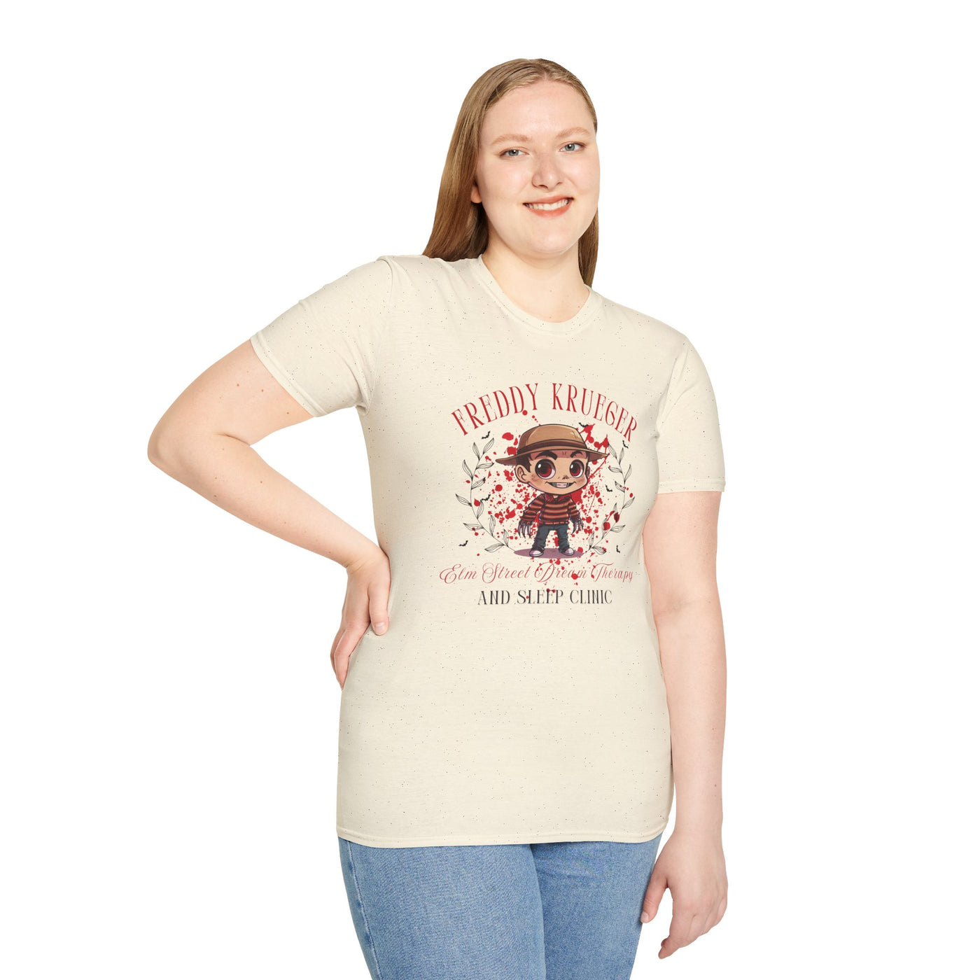 Freddy Krueger Halloween tee featuring a chibi design, perfect for horror lovers and spooky gatherings.