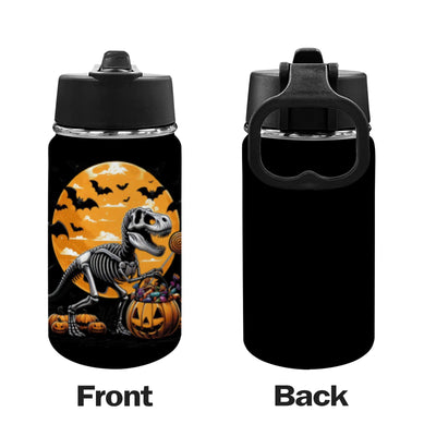 Halloween-themed water bottle with dinosaur skeleton and pumpkin design on front, black back