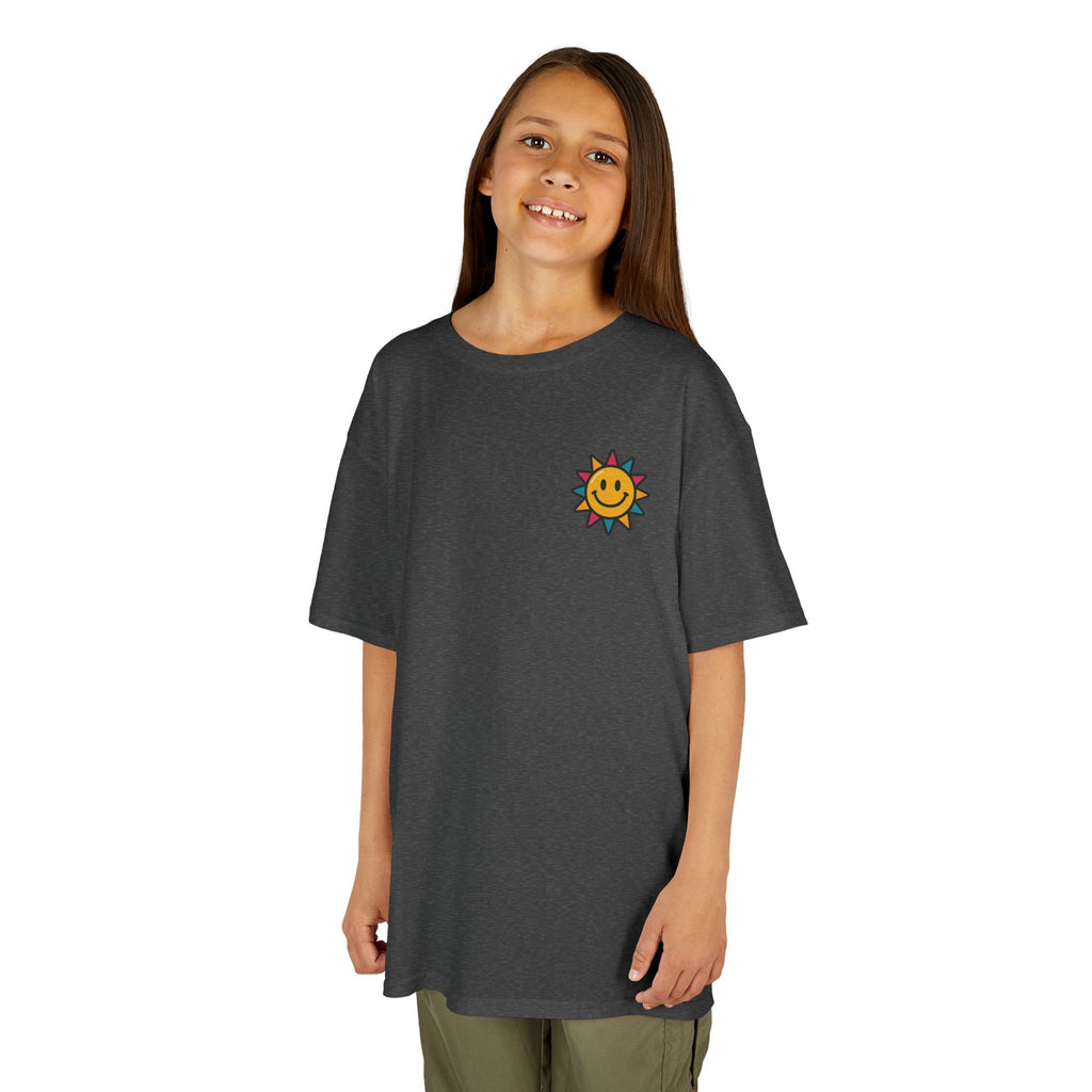 Kids motivational t-shirt with cheerful sun graphic, perfect for back-to-school positivity and comfort.