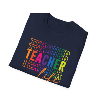 “Teacher Life” Rainbow Tee – Colorful Back-to-School Shirt for Educators 🍎✨
