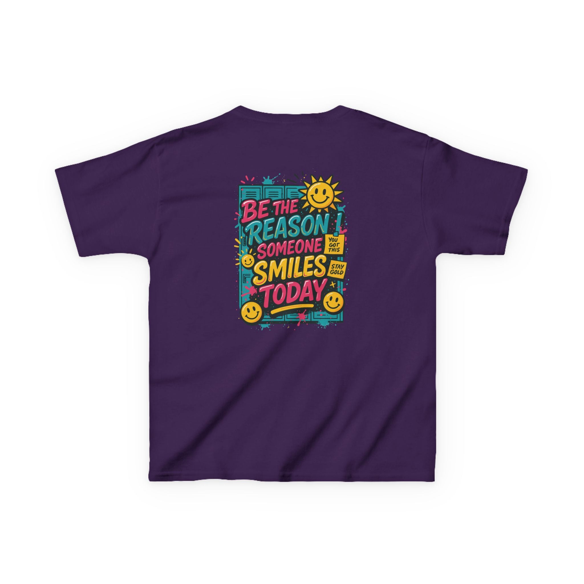 Kids motivational back-to-school tee with 'Be The Reason Someone Smiles Today' graphic, vibrant colors, and cheerful sun design.