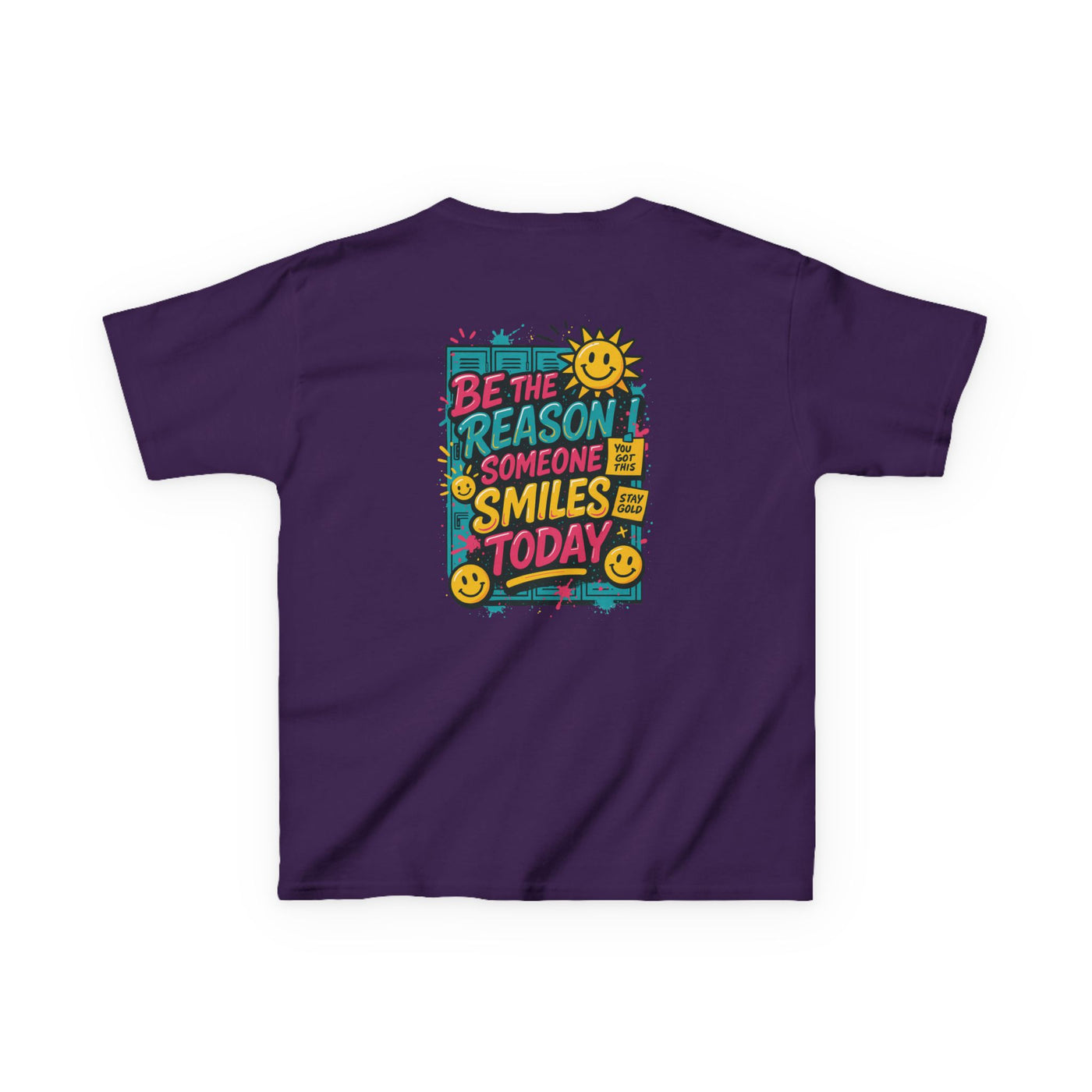 Kids motivational back-to-school tee with 'Be The Reason Someone Smiles Today' graphic, vibrant colors, and cheerful sun design.