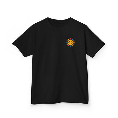 Black kids' t-shirt featuring a cheerful sun graphic, promoting positivity and kindness for back-to-school.