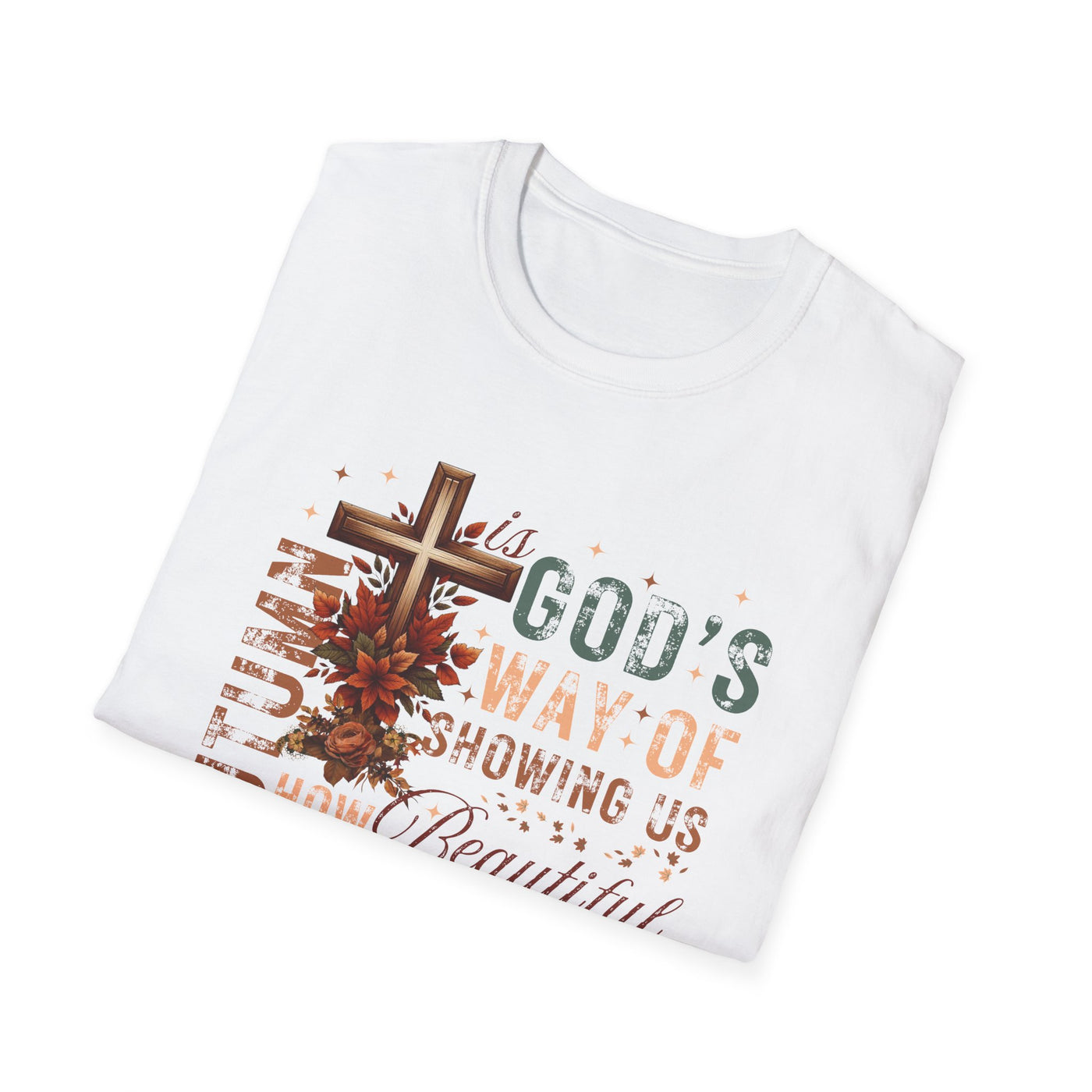 White tee featuring autumn design with cross and text 'Autumn Is God's Way of Showing Us How Beautiful'