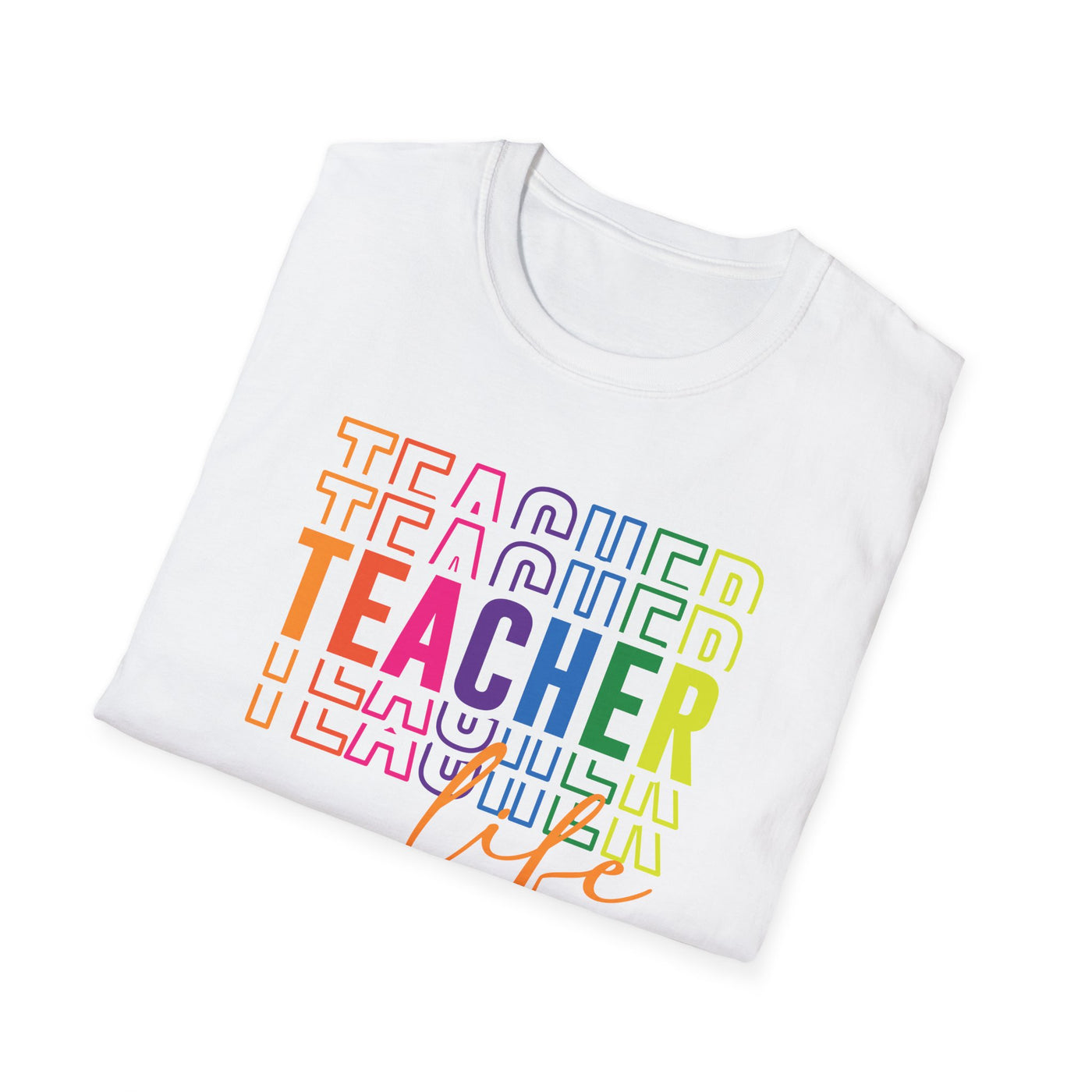 “Teacher Life” Rainbow Tee – Colorful Back-to-School Shirt for Educators 🍎✨