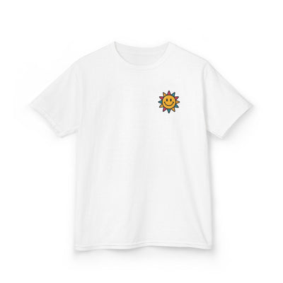 Kids motivational back-to-school tee featuring a cheerful sun graphic on a white shirt.