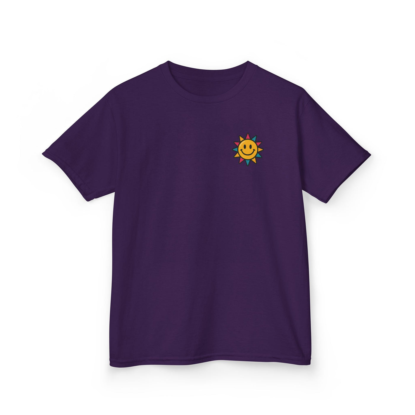 Kids purple t-shirt with cheerful sun graphic, perfect for spreading positivity and motivation.